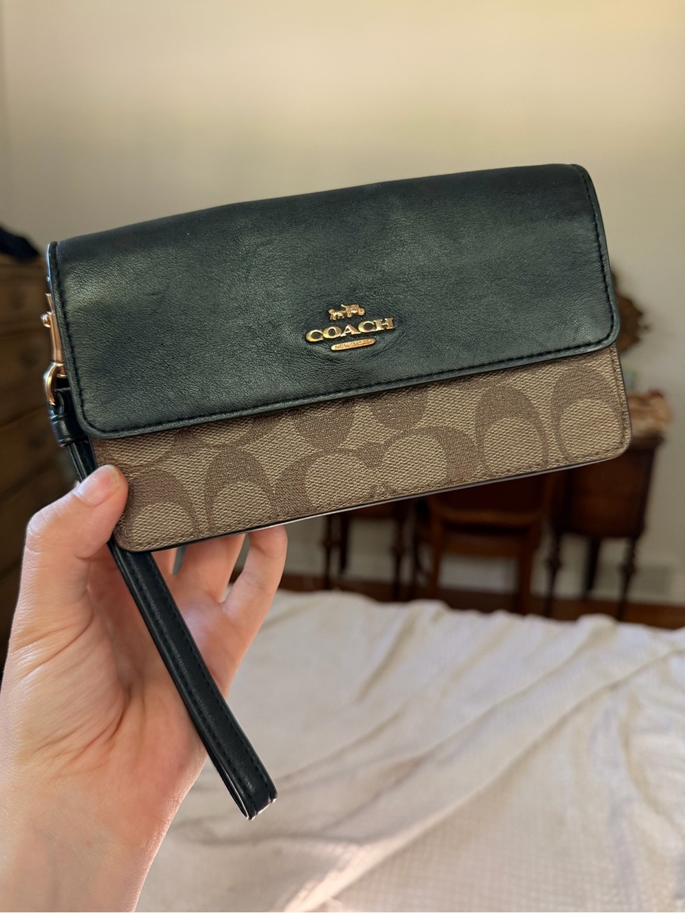 Coach Black Leather and Brown Signature Canvas Wristlet